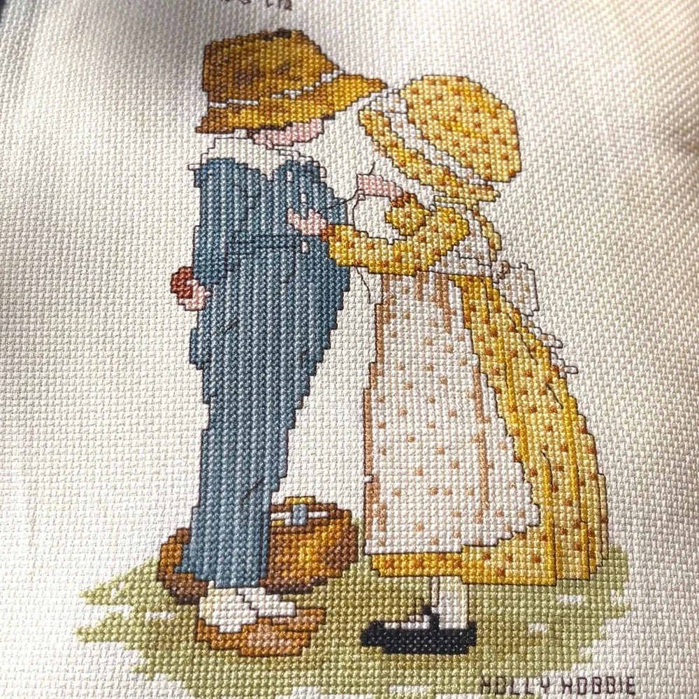 Vintage Holly Hobbie Cross Stitch Pillow Ruffle Lace Friendship 1981 Brown Cream